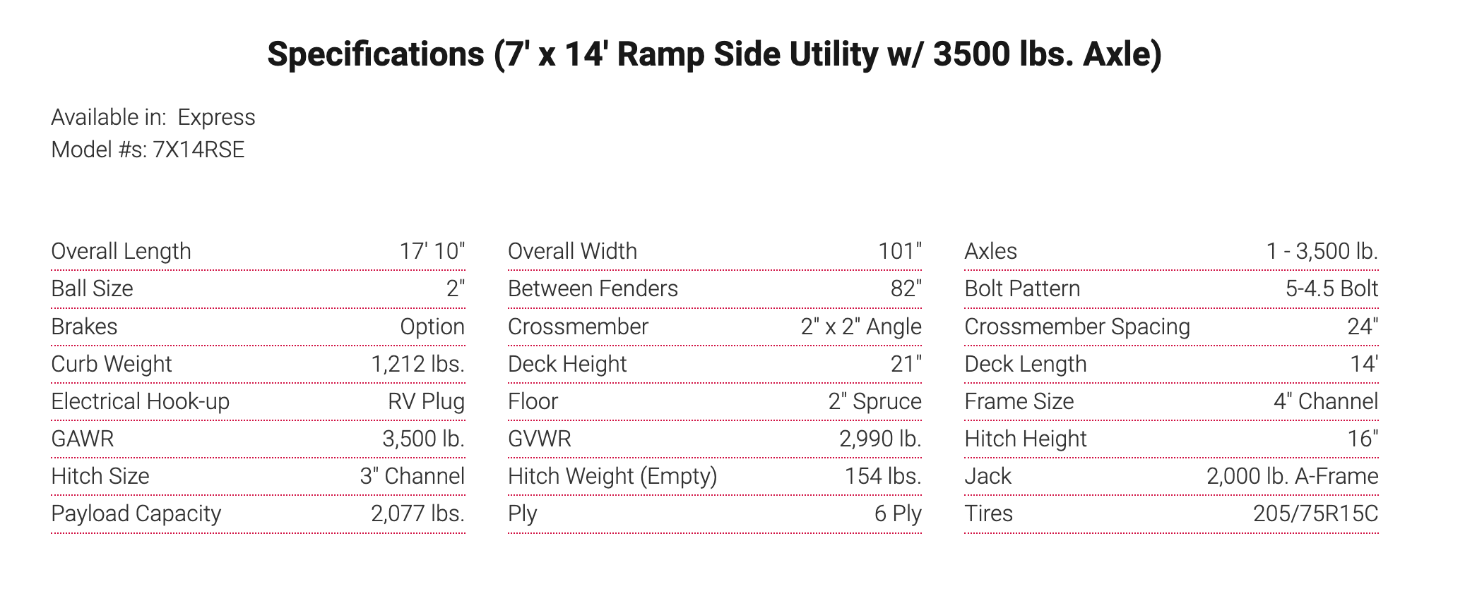 Specifications (7' x 14' Ramp Side Utility w/ 3500 lbs. Axle) 
